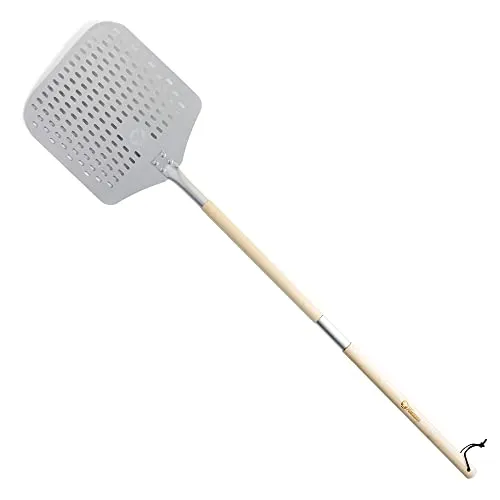 Chef Pomodoro Pizzaschieber – Pizzaschaufel – Pizza Schaufel Metall – Pizzaschieber Perforiert – Pizzaheber - Pizza Schieber mit Verlängerbaren Holzgriff (124 cm lang) – Schieber für Pizzastein
