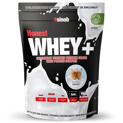 Honest Whey Protein Eiskaffee 820 g - Hochwertiges Eiweißpulver mit 12,5% Isolate - Molkenproteine - Hochwertiges Proteinpulver mit perfektem Aminosäurenprofil und top Löslichkeit für optimale Regeneration und Nährstoffversorgung.