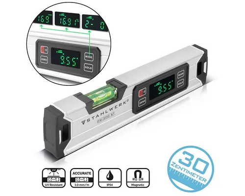STAHLWERK Digitale Wasserwaage DW-300 ST - Präzise 300 mm Wasserwaage aus Aluminium mit beleuchtetem LED-Display und akustischem Signal, ideal für exakte Messungen im Bau und Heimwerkerbereich.