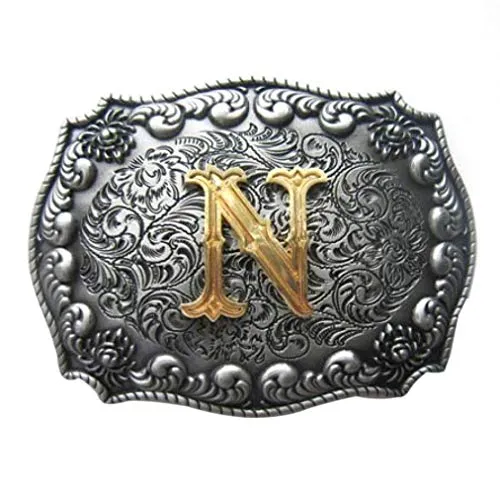 Western-Buckle 3D-Buchstabe N mit echt Goldauflage, Gürtelschnalle