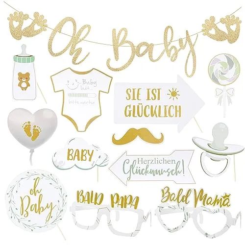 Babyparty Deko Set Oh Baby Girlande Deko Banner Gold und 12 Pcs Babyparty Fotorequisiten für Baby Shower Babydusche Gender Reveal Party usw.