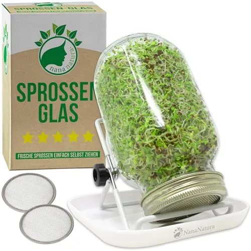 NanaNatura Sprossenglas Keimglas Set | Perfekt zum Sprossen ziehen | inkl. Edelstahl-Gitterdeckel, Ständer & Keimschale