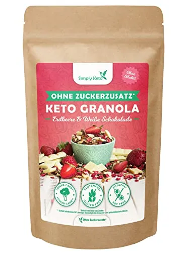 Simply Keto Lower-Carb* Erdbeer Knusper Granola mit weißer Schokolade ohne Zuckerzusatz