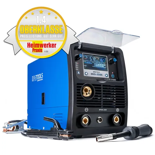 IPOTOOLS 250S 5in1 MIG MAG Schweißgerät - MIG/MAG-Schweißgerät mit 7 Jahren Garantie, ideal für Stahl, Aluminium und Edelstahl. Vollsynergisch und vielseitig einsetzbar für professionelle Anwendungen.