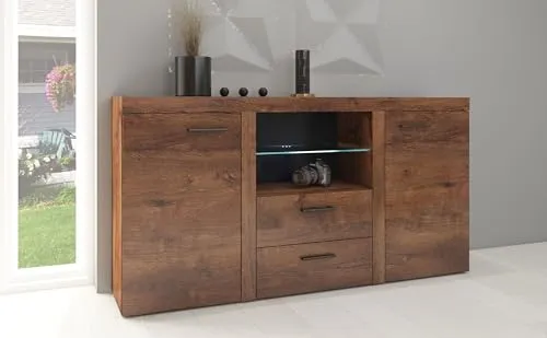 TOP Kommode Sideboard Rumba – Elegante Eiche Lefkas - Moderne Kommode in Eiche Lefkas, ideal für jedes Zimmer. Mit 2 Schubladen bietet sie praktischen Stauraum und verleiht Ihrem Wohnraum einen stilvollen Akzent.