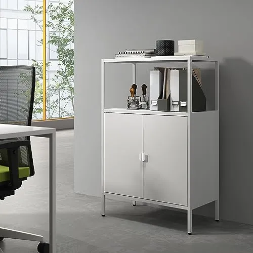 Aktenschrank Hailuoto - Robuster Büroschrank aus Stahl mit 2 Türen - Vertikale Büro-Aktenschränke mit höhenverstellbarer Ablage und offenem Fach, ideal für geordnete Aufbewahrung von Dokumenten und Büroutensilien.