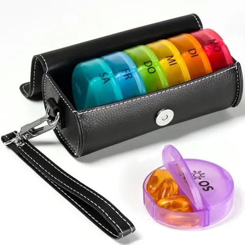 Tablettenbox 7 Tage 2 Fächer, Pillendose 7 Tage Morgens Abends Pillenbox Medikamentendosierer Runder Medikamenten-Organizer, Tragbare und feuchtigkeitsbeständige Medikamentenbox(Mehrfarbig)