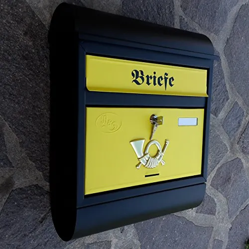 Großer Briefkasten/Postkasten XXL Schwarz Matt/Gelb mit Zeitungsrolle Zeitungsfach Runddach