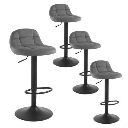 WOLTU Barhocker 4er Set Barstuhl mit Rückenlehne Fußstütze höhenverstellbar (60-82cm) 360° Drehstuhl bis 150kg belastbar Samt Metall Dunkelgrau BH317dgr-4