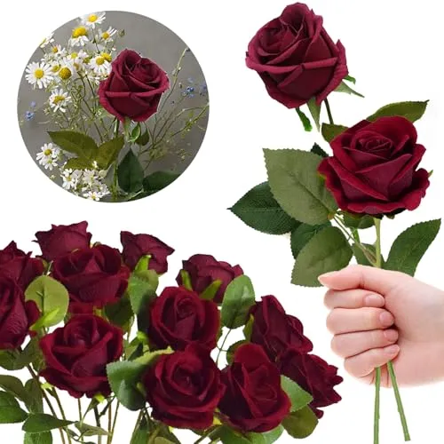 RHQFDM 12 Bündel Künstliche Rote Rosen,51cm Langstielige Kunstblumen Rosen,Kunstblumen Seidenblumen Rosen,Kunstblumen wie echt,Fake Rosen für Haus,Garten und Hochzeitsdekoration（Dunkelrot）