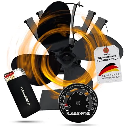 FLAMMENWIND Kaminventilator ohne Strom - inklusive Thermometer und Aufbewahrungsbox - Der FLAMMENWIND Kaminventilator sorgt für gleichmäßige Wärmeverteilung in deinem Zuhause. Er benötigt keine externe Energiequelle und startet bei 60°C. Inklusive Thermometer für optimale Temperaturkontrolle und praktischer Aufbewahrungsbox.