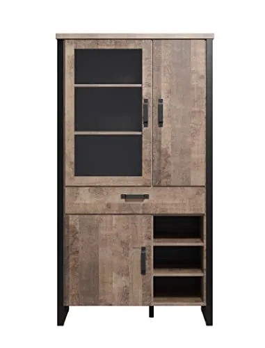 trendteam Vitrine Emile groß, Eiche Tabak / Schwarz - Vitrinenschrank mit modernem Design, 1 Tür mit Glaselement und viel Stauraum durch 3 Vitrinenfächer und 5 Einlegeböden. Pflegeleichte Oberfläche, Lieferung unmontiert.