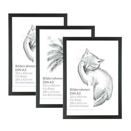 Licht-Erlebnisse A3 Bilderrahmen Set Schwarz - 3er Set bruchsichere Bilderrahmen in DIN A3 aus Holz, ideal für Hoch- und Querformat, perfekt für Fotos, Kunst und Zertifikate. Vielseitig einsetzbar und einfach aufzuhängen.