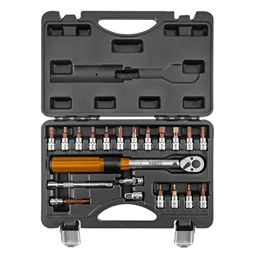 NEO TOOLS Zweirichtungs-Drehmomentschlüssel, 1/4 Zoll, 5-25 Nm, 21-teiliges Set mit Bits, Verlängerung und Adapter