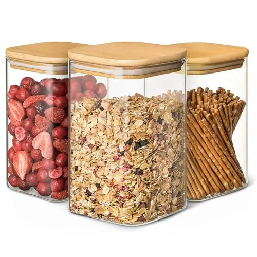 Praknu Vorratsdosen Set aus Borosilikatglas - 3er Set 1L mit Bambusdeckel - Glasbehälter & Töpfe: 3-teiliges Set luftdicht mit nachhaltigem Bambusdeckel für frische Lebensmittelaufbewahrung und modernes Küchendesign.