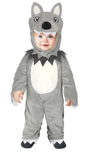 FIESTAS GUIRCA | Kleiner Wolf Baby Kostüm Halloween (12-18 Monate) - Einteiler mit Kapuze - Karneval Fasching Halloween Baby Kostüm Jungen oder Mädchen für Kleinkinder - Tierkostüm Grau