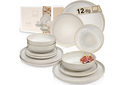 SÄNGER Geschirrset Korfu 12 tlg - Tafelservice für 4 Personen - Handgemachtes Steingut Geschirr mit mediterranem Flair, spülmaschinen- und mikrowellengeeignet, ideal für den täglichen Gebrauch oder besondere Anlässe.