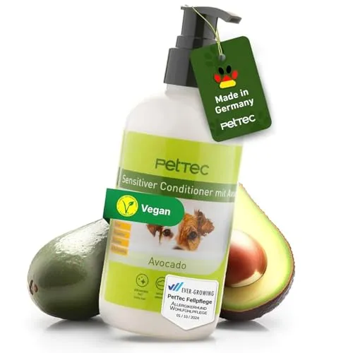 PetTec® - Conditioner für Hunde mit Avocadoöl Essenz 250ml Pumpflasche -Hundeconditioner pH neutral (7) für alle Hunderassen - Fellpflege Hund Paraben-, Silikon- & Duftstofffrei - Spülung Fell vegan