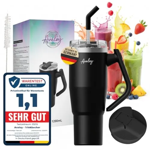 Avaloy Auslaufsicherer Thermobecher 1,2l (40 oz) – Edelstahl To-Go Becher – 2 Deckel inkl. Strohhalm – 180° drehbarer Griff – Doppelwandiger Isolierbecher für Kaffee & Getränke