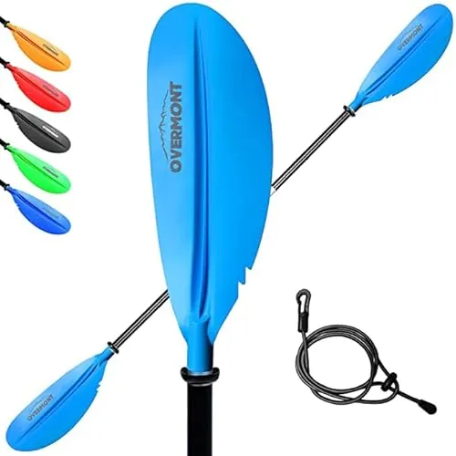 OVERMONT Paddel Aluminium Doppelpaddel 230 cm mit Paddle Leash Verstellbaren Paddel-Blätter Leicht für Kanusport Kajakfahren Kanadier Boot Ruderboot Blau