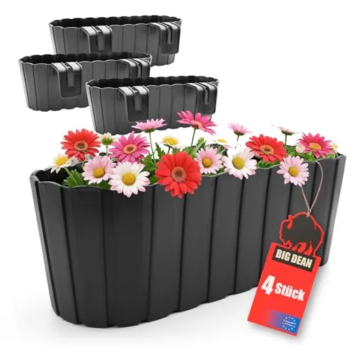 BigDean 4 Stück Blumenkasten für Balkongeländer - Praktische Blumenkästen für Geländer bis 6 cm, ideal für kleine Flächen. Robust, UV- und frostbeständig, in trendiger Holzoptik. Einfach einhängen und sofort nutzen – perfekt für Blumen und Kräuter.