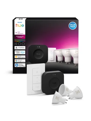 Philips Hue Starter-Set White and Color Ambiance - Smart Home Starter-Set mit Hue Bridge Pro, 3 GU10 LED Spots und Dimmschalter für stimmungsvolles Licht, kabellose Steuerung und App-Kontrolle.