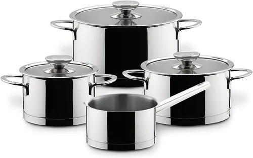 Berndes Topfset 4-tlg. MILLESSIMA - Elegantes Kochtopfset aus poliertem Edelstahl, backofengeeignet und mit Kaltgriffen für sicheres Handling. Ideal für moderne Küchen, umfasst drei Töpfe und eine Stielkasserolle.
