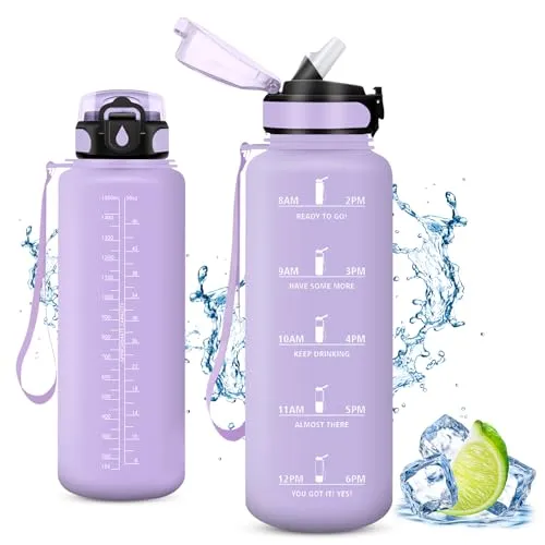 Vikaster Große Trinkflasche, Water Bottle with Straw 1500ml, Trinkflasche Leak-Proof, BPA-Free, Sportflasche für Camping, Yoga, Gym, Outdoors, A-Hellviolett