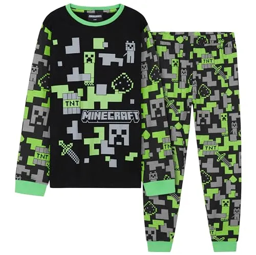 Minecraft Pyjama Set Jungen Teenager 7-14 Jahre, Langarm Baumwolle Schlafanzug, Kinder Nachtwäsche, Geschenke für Jungs (Schwarz/Grün, 11-12 Jahre)