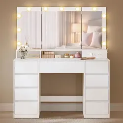 VASAGLE Schminktisch mit LED-Beleuchtung, Frisiertisch mit Klappspiegel, Schubladen, Steckdosen, einstellbare Lichtfarben, weiß - Weiß