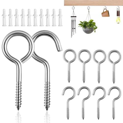 ADNEWX® 10 Stk Schraubhaken M5 x 65mm Edelstahl Hakenschrauben Offene Geschlossene Schraubösen mit Dübel für Kronleuchter Blumenampel Vorhänge Handwerk