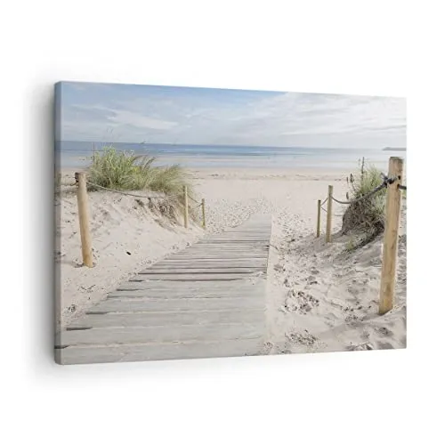 Bilder auf Leinwand Strand Düne Eintritt Leinwandbild mit Rahmen 70x50cm Wandbilder Dekoration Wohnzimmer Schlafzimmer Küche Deko Klein Wanddeko Bild Wand Kunstdruck Art Wall Decor Canvas AA70x50-4188