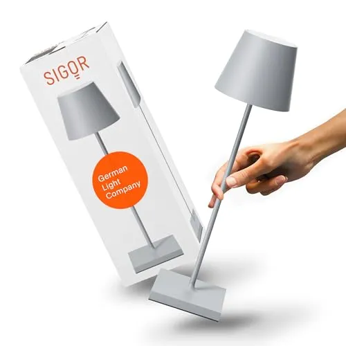 SIGOR Nuindie 2.0 - Dimmbare LED Akku-Tischlampe - Tischlampen, spritzwassergeschützt (IP54) für Innen & Außen, mit bis zu 12 Stunden Leuchtdauer und modernem Touch-Dimmer für angenehme Lichtatmosphäre.