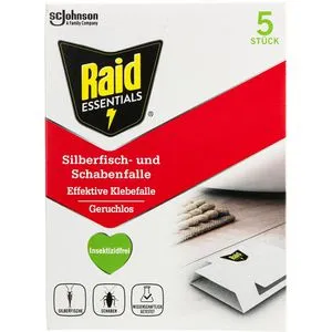 Raid Essentials Silberfisch- und Schabenfalle, geruchlos und effektiver Schutz - Universalabwehr für drinnen ohne Insektizide: Effektive Klebefalle für Silberfische und Schaben, geruchlos und sicher in der Anwendung. Lieferumfang: 5 Stück.