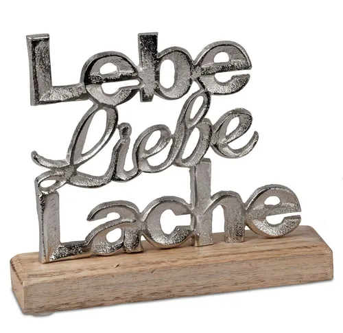 formano Schriftzug Lebe Liebe Lache – Tischdeko aus Aluminium und Mangoholz - Eleganter Dekoschriftzug 'Lebe Liebe Lache', 18 cm hoch, aus silbernem Aluminium und warmem Mangoholz. Perfekt für Sideboards und Regale, schafft eine stilvolle Atmosphäre in Ihrem Zuhause.