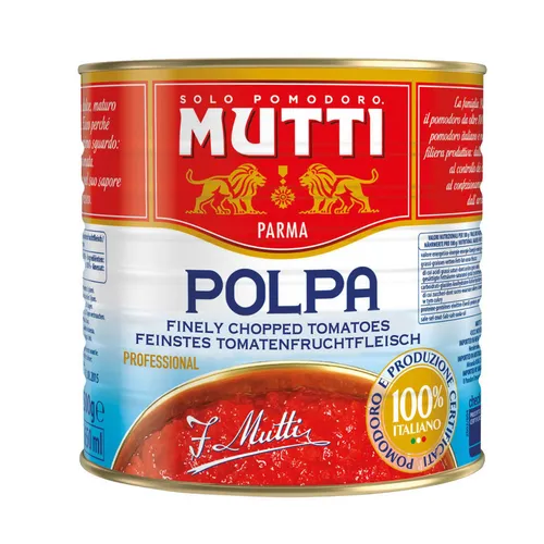 Mutti Polpa Fine Tomatenfruchtfleisch, Fein Gehackt, 1er Pack (1x2.5 Kg) - Trockenfrüchte & -gemüse, aromatisches, fein gehacktes Tomatenfruchtfleisch – ideal für Saucen und Eintöpfe.