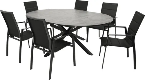 DEGAMO Gartenset Garnitur Lyon 7-teilig - Esssets für die Terrasse: Exklusive 7-teilige Gartengarnitur mit 6 stapelbaren Sesseln und ovalem Ausziehtisch, wetterfest und pflegeleicht – ideal für stilvolle Outdoor-Entspannung.