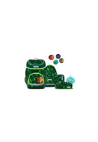 ergobag cubo Bundle Set 6-teilig - Ergonomischer Schulranzen Bärtastisch Grün - Ergonomischer Schulranzen mit höhenverstellbarem Tragesystem für optimalen Tragekomfort. Inklusive Sportbeutel, gefülltem Federmäppchen und individualisierbaren Kletties für persönlichen Stil.