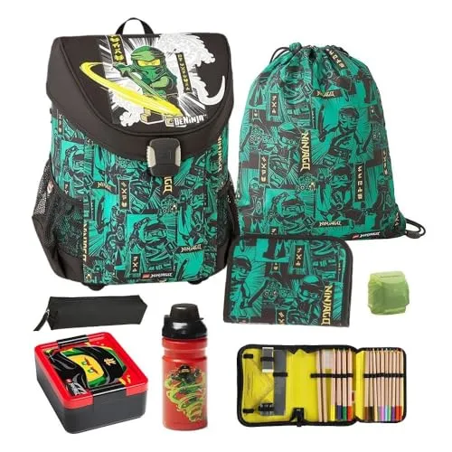 Familando Lego Ninjago Schulranzen-Set Easy Green 7tlg. mit Federmappe und Trinkflasche - Schultaschen-Set mit 7 Teilen, leicht und ergonomisch, ideal für die Einschulung. Mit reflektierenden Flächen für mehr Sicherheit im Straßenverkehr und dem beliebten Ninjago-Motiv.