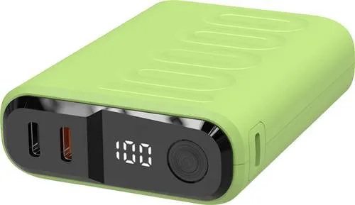 RealPower PB-10000C PD+ Powerbank - Powerbank mit 10.000 mAh, 3x Type-C Anschlüssen, ideal für schnelles Laden unterwegs und in einem modernen hellgrünen Design.