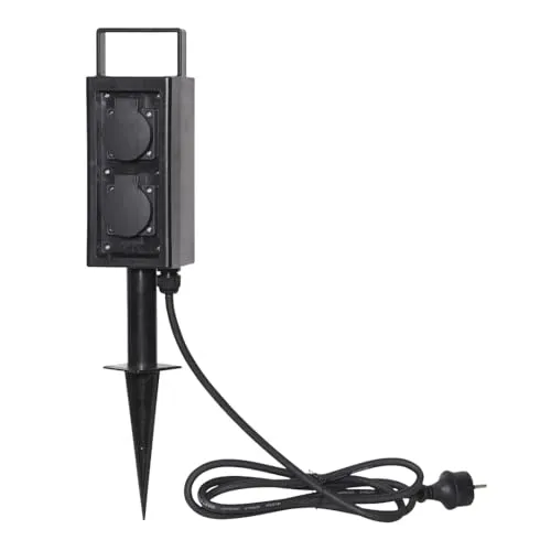 Star Trading 418-97 Gartensteckdose Plugge schwarz, für 4 Stecker, mit Bodenspieß,ca. 9x34 cm, 2 m Zuleitung, Outdoor,Vierfarb-Karton