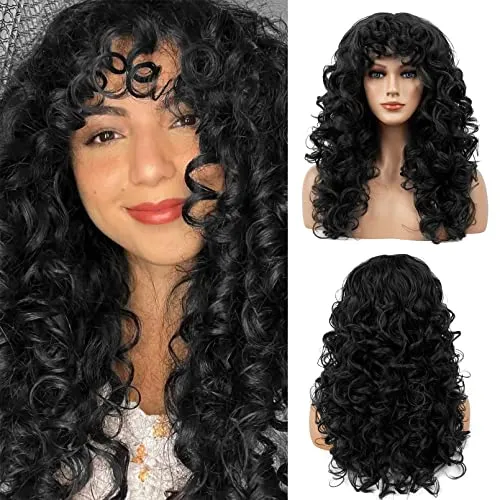 FLUFYMOOZ curly wig with bangs Lockige Perücke mit Pony für Damen, Lange Lockenperücke 50 cm Locken mit dünnem Pony Hitzebeständige Weiche Synthetikperücke für Damen (Natürliches Schwarz)