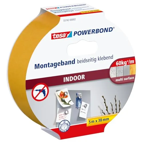tesa Powerbond INDOOR - Doppelseitiges Montageband für den Innenbereich - beidseitig stark klebend, zur permanenten Befestigung - 5 m