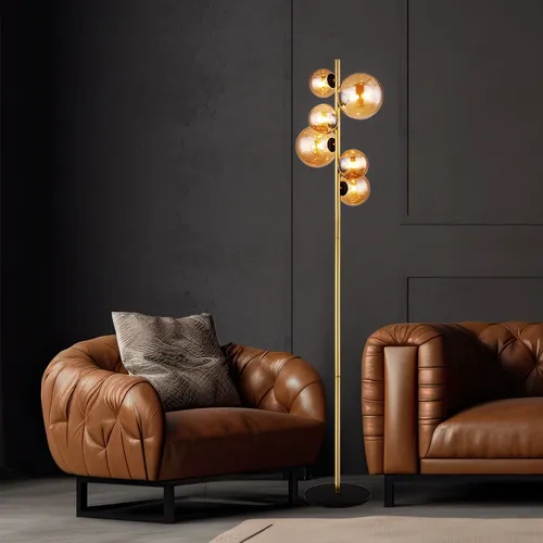 Stehlampe Wohnzimmer messing Industrial Stehleuchte mit 6x LED, H 155 cm - Elegante Stehleuchte aus Metall und Glas für ein warmweißes Licht. Ideal für gemütliche Abende im Wohnzimmer, mit einzigartigem Design und inkludierten G9 LED Leuchtmitteln.