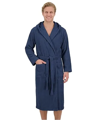 LAYNENBURG Bademantel Herren Frottee - Weicher Kapuzenmantel aus 100% Baumwolle (XXXL blau) - Hochwertiger Herren-Bademantel aus 100% Baumwolle, wadenlang mit Kapuze und Bindegürtel. Saugstark und atmungsaktiv für optimalen Komfort zu Hause oder in der Sauna. Pflegeleicht und formstabil auch nach häufigem Waschen.