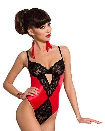 Rot schwarzer Damen Dessous Reizwäsche Body Blickdicht dehnbar mit Bügel Cups, Spitze und Verschluss im Schritt S/M