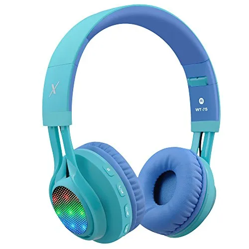 Riwbox WT-7S Kinder Bluetooth Kopfhörer, LED Light Up Wireless Faltbares Stereo Headset mit Mikrofon und Lautstärkeregelung für PC/Phone/TV/Tablette (blau)