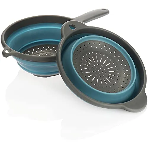 com-four® 2x Faltbare Küchen-Siebe mit und ohne Stiel, zusammenklappbares Silikonsieb, Nudelsieb, Abtropfsieb für Nudeln, Gemüse, Obst (2 Stück - blau/grau mit/ohne Stiel)