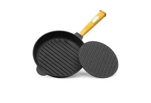Ø28cm Gusseisen Grillpfanne mit Pressdeckel und Holzgriff - Pfannen für alle Herdarten, ideal für gleichmäßige Hitzeverteilung und optimale Bratergebnisse. Chemiefrei mit natürlicher Patina für unzerstörbare Antihafteigenschaften.