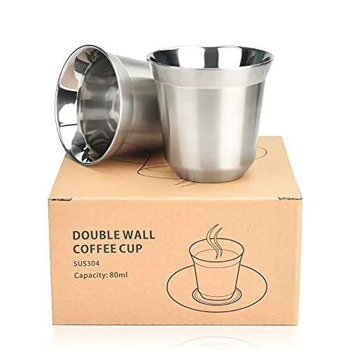 WANTOUTH 2 Stücke Edelstahltasse Doppelwandig Edelstahl kaffeetassen 80 ml Beche Set Edelstahltassen Metall Trinkbecher Kaffee Tassen Espresso Kaffeebeche für Zuhause oder Reisen Wandern Camping